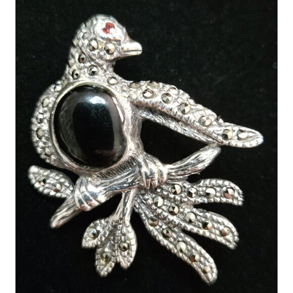 Vintage Sterling Silver, Onyx, Ruby and Marcasite Bird Brooch - Picture 1 of 5